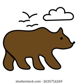 Bear walking illustration. Brown bear vector. Flying birds detail. Cloudy sky background.