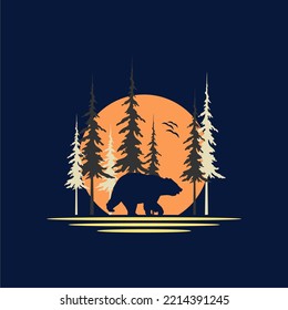 Bear Walking At Night With Full Moon Background For Wild Nature Logo