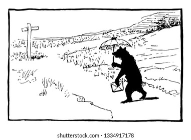 Un oso que camina por la carretera con paraguas y sobre, cruza en el suelo, dibujando líneas antiguas o grabando ilustraciones