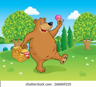 Bear Walking with Picnic Basket Near A Lake