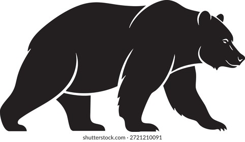 Urso andando silhueta em preto e branco estilo mínimo. Apresenta a floresta selvagem de mamíferos em ilustração animal de clip art vetorial isolado em um fundo transparente.