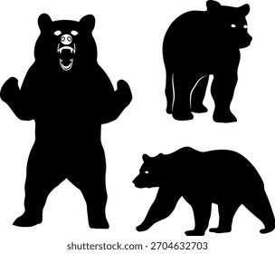 Conjunto de ilustración de silueta de pose amenazante y caminante de oso