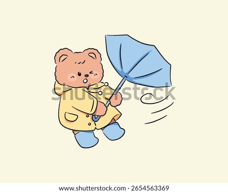 Bear walking in windy rainy day with umbrellas and trying to fight with strong wind Illustration.Vector.Kawaii.hand drawn.
