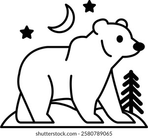 A bear is walking in the woods at night. The moon is shining brightly in the sky. The bear is looking up at the stars