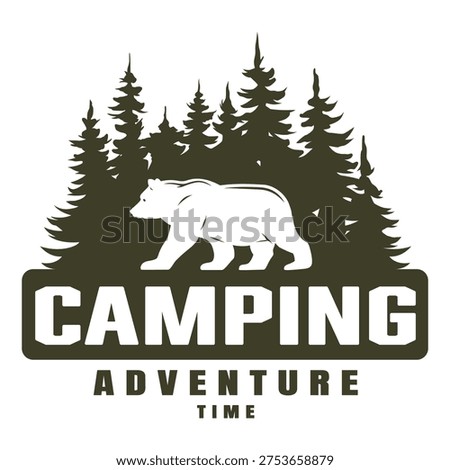 A bear walks near trees in a forest where people are camping. It is a typical day for outdoor adventures. Campfires and tents can be seen in the background.