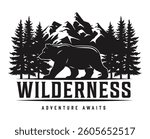 A bear walks through a dense forest with tall trees and majestic mountains in the background. The setting evokes a sense of adventure and exploration in nature.