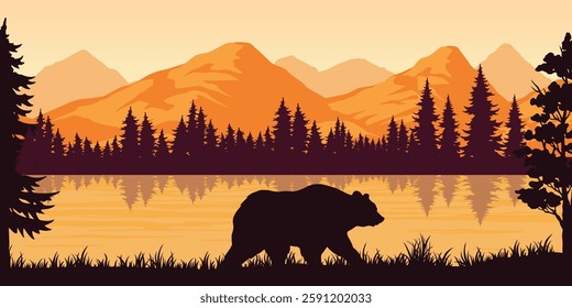 A bear wanders along the edge of a calm lake surrounded by tall trees. The sunset casts warm hues on the mountains in the background creating a serene atmosphere.