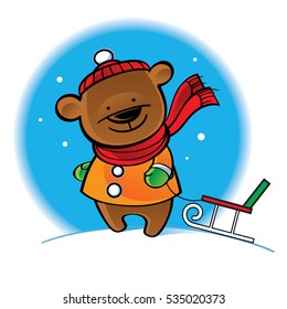 Bear in warm coat with sleigh - winter scene