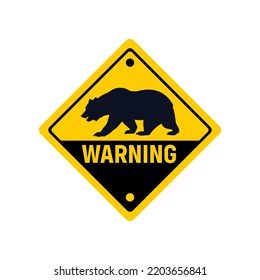 Bear Warning Sign or Bear Warning Symbol Plate Isolated on White Background. Bear hazard safety sign template. Caution wild dangerous animals. Bear warning sign.