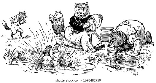 A bear washing plates in the water and another bear cleaning plates with cloth, one animal fell down in the water, other two animals in background, vintage line drawing or engraving illustration