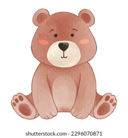 Bear . Watercolor paint design . Cute animal cartoon character . Sit position . Vector .