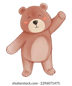 Bear . Watercolor paint design . Cute animal cartoon character . Raise arm gesture . Vector .