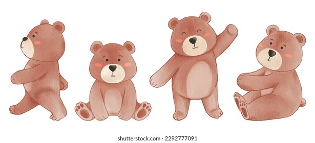Bear . Watercolor painting design . Set of cute animal cartoon character . Vector .