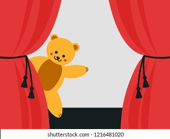 Bear waving behind the curtains on the stage; cute toy animal;  vector illustration