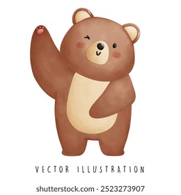 Bear Waving with One Arm - Cute and Friendly Water Color Art