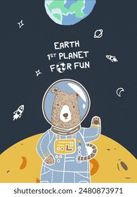 A bear wearing an astronaut costume in outer space. A cute vector illustration suitable for kids t-shirt designs, baby showers, and textile print fabric