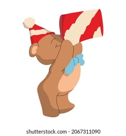 bear wearing a birthday hat and gets a gift by wearing a blue ribbon around his neck
