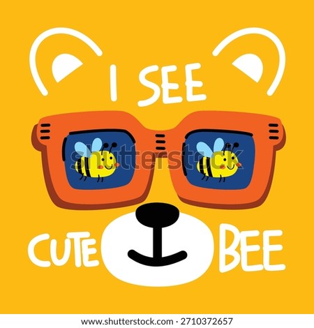 Bear wearing bold sunglasses viewing buzzing bees reflected clearly on bright surface. Kids concept
