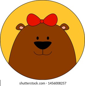 Oso con corbata de arco en la cabeza, ilustración, vector sobre fondo blanco.