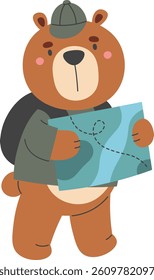 A bear, wearing a cap and backpack, holds a map. This adorable adventurer is ready for an expedition with its travel guide.