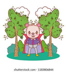 bear wearing dracula costume with teeth and cape