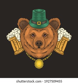 The bear is wearing a green hat, gold necklace, and there are two beers on the back vector 