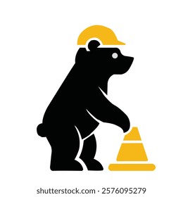  a Bear Wearing a Hard Hat Holding a Traffic Cone on a White Background 