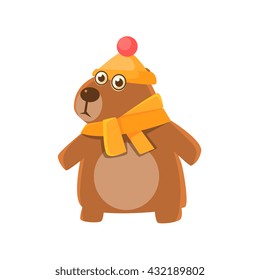 Bear Wearing Hat And Scarf Illustration. Funny Childish Vector Rhinoceros Drawing. Flat Isolated Cartoon Animal Icon.