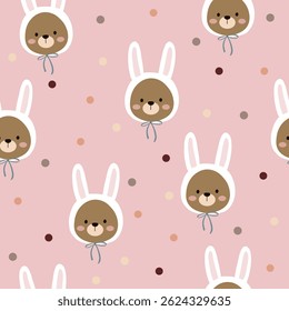 bear wearing rabbit hat and polka dot seamless pattern , vector , illustration