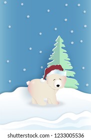 Bear wearing red hat with green pine tree on blue background while snow falling, christmas concept , vector illustration.