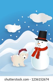 Bear wearing red hat with snowman wearing red bandana and black hat with white cloud and snow falling on blue background, Christmas concept, vector illustration.