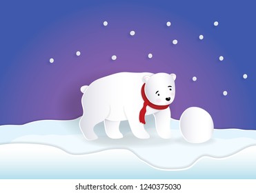 Bear wearing red scarf playing snowball with blue background while snow falling, Christmas concept , vector illustration.