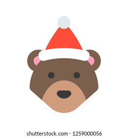 bear wearing santa hat, flat icon design