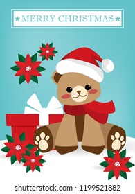 A bear wearing Santa hat sitting on snowy ground with red gift box and Poinsettia flower on blue background with Merry Christmas text and stars. Cute Christmas cartoon character.