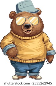 Bear wearing sun glass with orange sweater and blue jeans