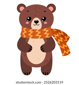 Bear wearing warm scarf. Сute winter forest animal, isolated on white background. Flat vector illustration. Winter and autumn design, cold weather emoticon sticker.