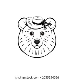 Bear wearing in wide-brimmed hat. Vector illustration isolated on white background. Cute bear face.