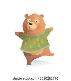 Bear wearing winter clothes, cute funny character design. Animal character for kids playing and hugging in winter. Vector clipart illustration for children.
