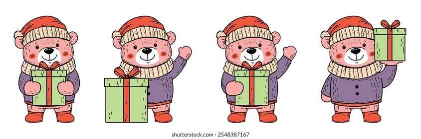 A Bear wearing a winter hat and carrying Christmas gifts