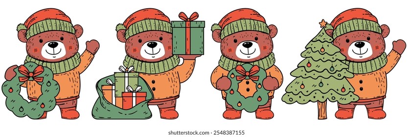 A Bear wearing a winter hat and celebrating Christmas