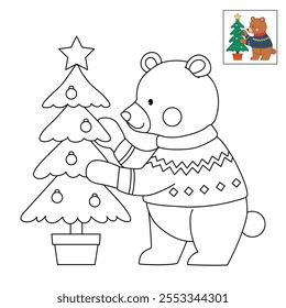 A bear wearing winter sweater and decorating christmas tree coloring pages for kids. Trace and color bear Christmas character. Holiday seasons worksheet printable for kids. Christmas worksheet.