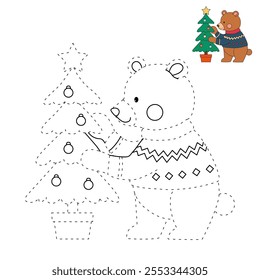 A bear wearing winter sweater and decorating christmas tree coloring pages for kids. Trace and color bear Christmas character. Holiday seasons worksheet printable for kids. Christmas worksheet.