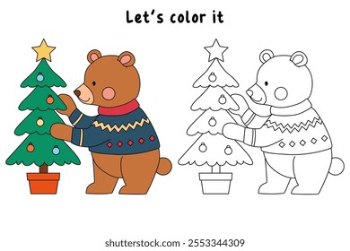 A bear wearing winter sweater and decorating christmas tree coloring pages for kids. Trace and color bear Christmas character. Holiday seasons worksheet printable for kids. Christmas worksheet.