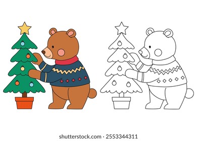 A bear wearing winter sweater and decorating christmas tree coloring pages for kids. Trace and color bear Christmas character. Holiday seasons worksheet printable for kids. Christmas worksheet.