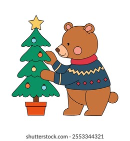 A bear wearing winter sweater and decorating christmas tree coloring pages for kids. Trace and color bear Christmas character. Holiday seasons worksheet printable for kids. Christmas worksheet.