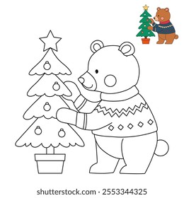 A bear wearing winter sweater and decorating christmas tree coloring pages for kids. Trace and color bear Christmas character. Holiday seasons worksheet printable for kids. Christmas worksheet.