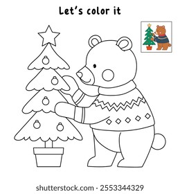 Um urso vestindo camisola de inverno e decorando páginas de cores de árvore de Natal para crianças. Traço e cor urso personagem de Natal. Planilha de Natal imprimível para crianças. Planilha de Natal.