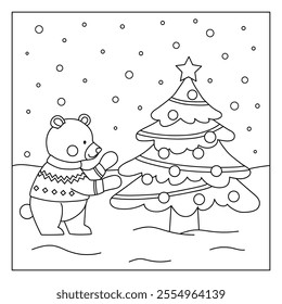 A bear wearing winter sweater and decorating christmas tree coloring pages for kids. Trace and color bear Christmas character. Holiday seasons worksheet printable for kids. Christmas worksheet.