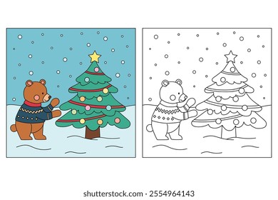 A bear wearing winter sweater and decorating christmas tree coloring pages for kids. Trace and color bear Christmas character. Holiday seasons worksheet printable for kids. Christmas worksheet.