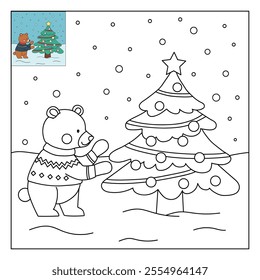 A bear wearing winter sweater and decorating christmas tree coloring pages for kids. Trace and color bear Christmas character. Holiday seasons worksheet printable for kids. Christmas worksheet.